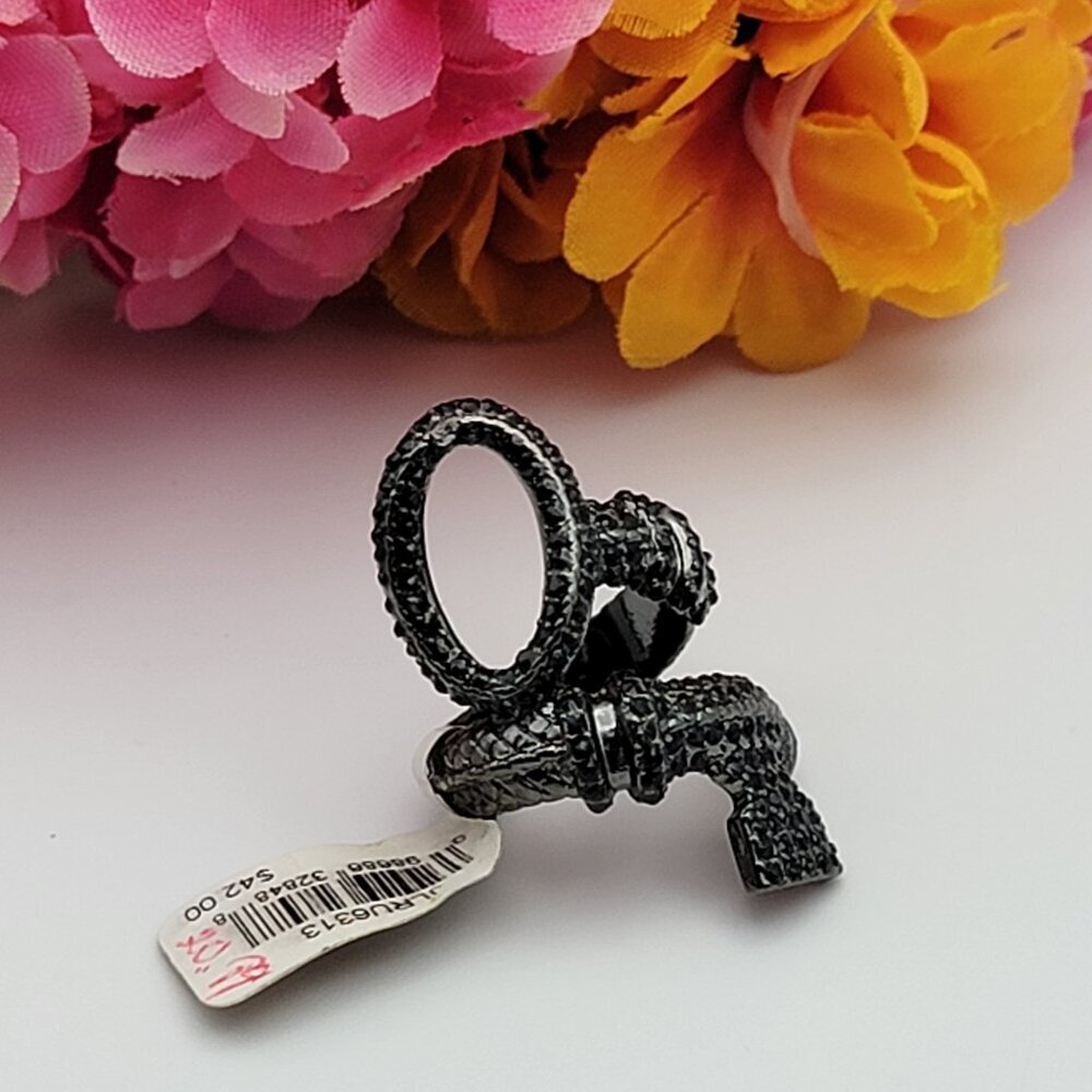 Lucky Brand Spoon Ring Size 6 Gunmetal Tone Black Rhinestone Wrap Around New
